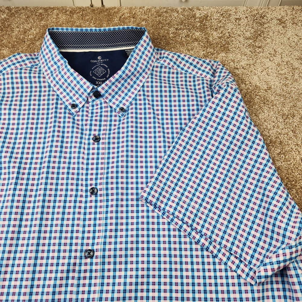Con.Struct Mens XXL Slim Fit Plaid Short Sleeve Button Down Shirt Blue Pink